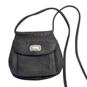 Fossil Black Leather Crossbody Bag Small Flap Embellished‎ Silver Tone Accent